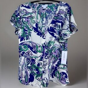 Liz Claiborne Womens Blouse Short Sleeve Paisley White Purple Sz Small NWT